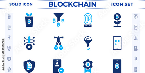 Blockchain technology solid icon set. Cryptocurrency icons element. Containing blockchain, node, distribution, decentralized finance, encryption, tokens, white paper, and wallet icon collection.
