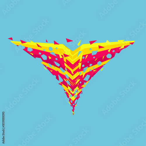 Abstract geometric shape with vibrant yellow and pink shattered fragments against a bright blue background.