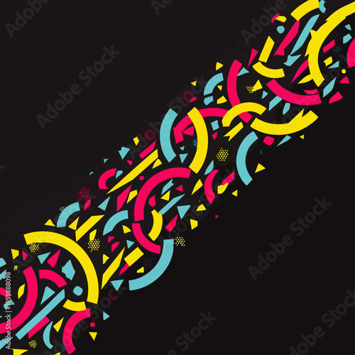 Vibrant abstract geometric shapes and confetti explode across a dark background creating a dynamic and energetic visual.