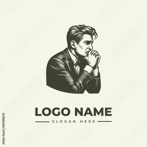 A monochromatic illustration of a contemplative man in a suit with logo name and slogan on a plain background.