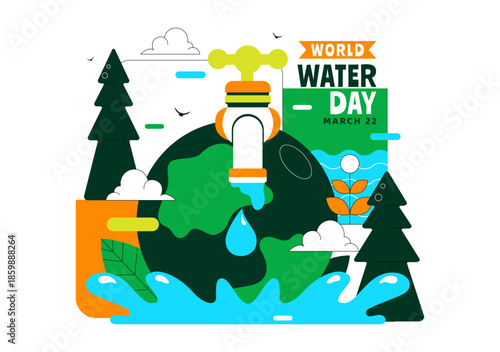 World Water Day Vector Illustration Featuring Waterdrops, Taps, Plus Messages Encouraging Earth Protection And Freshwater Management Background