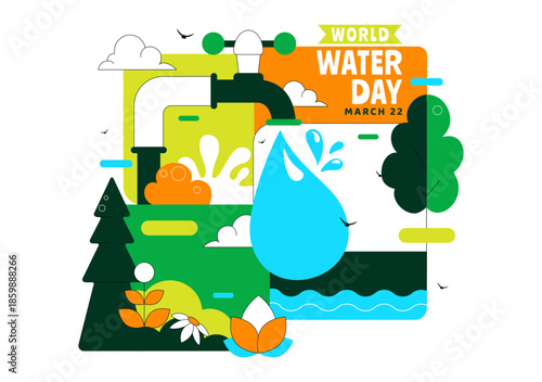 World Water Day Vector Illustration Featuring Waterdrops, Taps, Plus Messages Encouraging Earth Protection And Freshwater Management Background