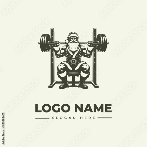 A black and white illustration of a muscular Santa Claus lifting weights on a squat rack with a logo name and slogan on a plain background.