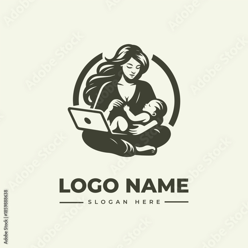 A minimalist logo illustration of a woman sitting cross-legged with a laptop and cradling a baby in a simple, iconic design.