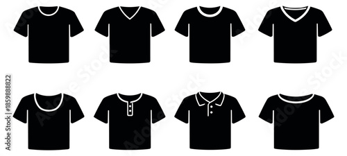 Flat style t-shirt icon set featuring various necklines for apparel design
