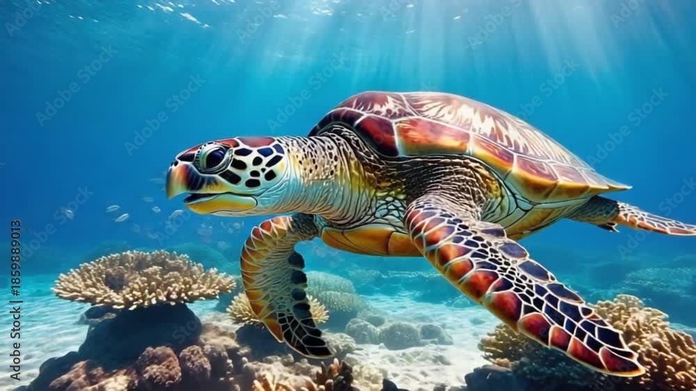 custom made wallpaper toronto digitalA vibrant sea turtle glides through a sun-dappled coral reef with small fish.