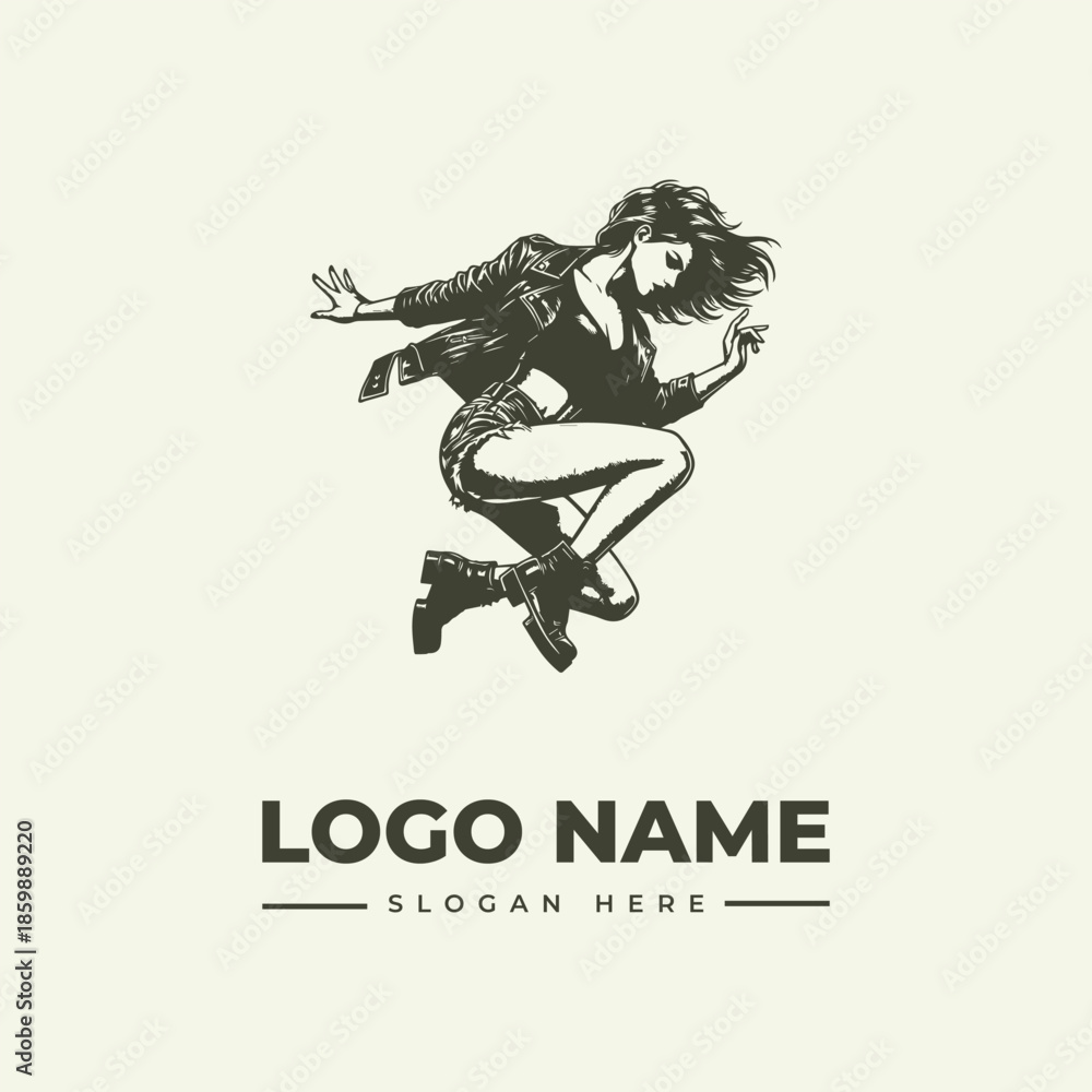 Naklejka premium Vector illustration of a dynamic woman jumping with flowing hair and clothing, with a placeholder logo name and slogan on a plain beige background.