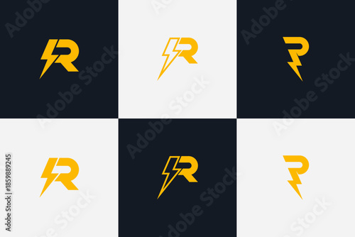 Modern Letter R Logo Design Set with Lightning Bolt and Thunder Element for Energy and Speed Branding
