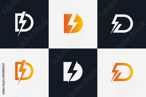Modern Letter D Logo Design Set with Lightning Bolt for Energy, Power, and Speed Branding