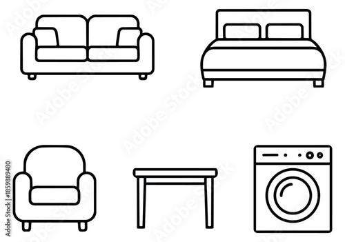 Line art furniture and appliance set featuring a sofa, bed, armchair, table, and washing machine for home interiors