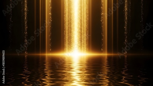 Abstract golden light waterfall with vertical radiant beams and sparkling particles reflecting on calm dark water creating cinematic depth and a magical symmetrical composition high quality no noise

