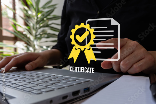 Approved and certified documents. Person sitting at a desk, pointing to a document with a certificate emblem