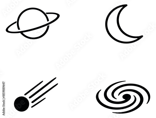 Simple line art astronomy icons set featuring Saturn, crescent moon, comet, and spiral galaxy for space exploration and science education