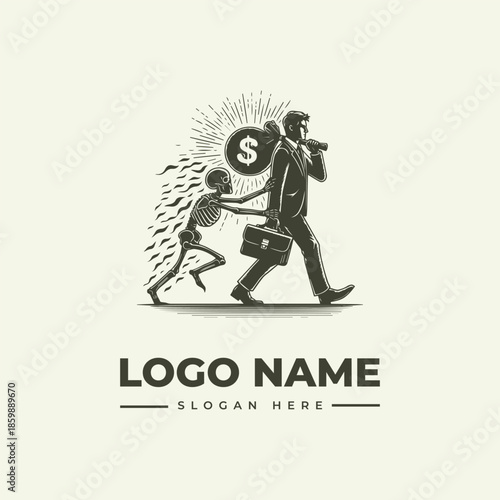A grayscale illustration of a businessman walking while talking on the phone with a skeleton reaching for a dollar sign, set against a plain background with a logo and slogan text.