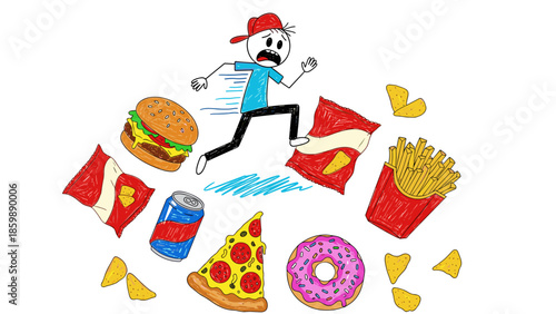 Dynamic Illustration of a Person Actively Running Away from an Assortment of Unhealthy Fast Food Items, Symbolizing a Conscious Choice Towards a Healthier Lifestyle and Diet