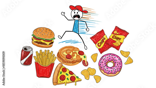 Doodle of a stick figure running from junk food, representing the challenge of healthy eating and avoiding unhealthy choices for a better lifestyle