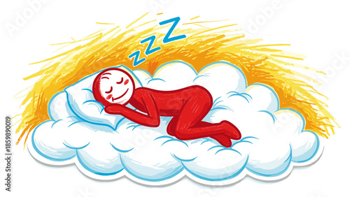 Whimsical cartoon character peacefully sleeping on a soft, fluffy cloud, depicting ultimate comfort and serene relaxation in a cozy, dreamlike setting