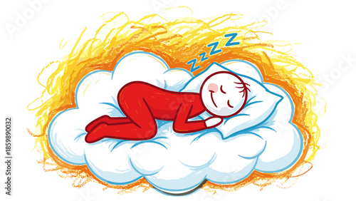 Illustration of a person sleeping peacefully on a cloud, representing rest and dreams