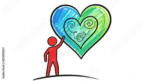 A whimsical illustration depicting a red stick figure reaching out to a beautifully drawn, swirling heart, symbolizing the journey of personal love and emotional well-being