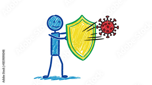 Conceptual illustration of a stick figure protecting itself from a virus with a shield, representing immunity and defense against illness