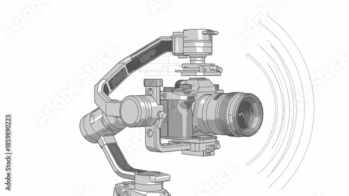 Detailed vector illustration of a professional digital camera mounted on a sophisticated electronic gimbal stabilizer, emphasizing wireless audio transmission for high-quality video production