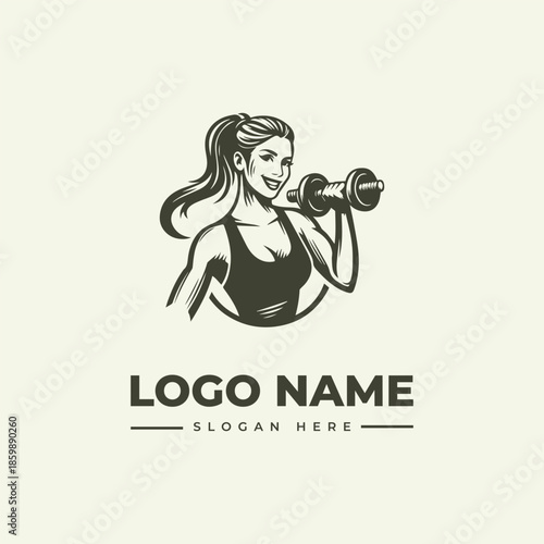 Vector illustration of a fit woman lifting dumbbells with a logo and slogan text in a minimalist design against a clean background.