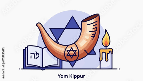 Yom Kippur symbols including shofar, Torah, Star of David, and candle