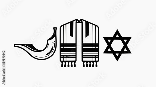 Jewish prayer shawl, shofar horn and Star of David symbol