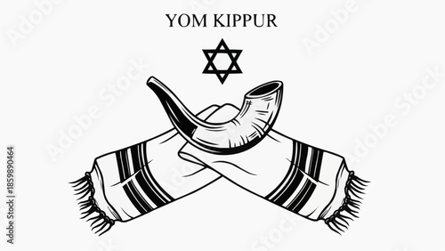 Yom Kippur Jewish holiday shofar and tallit with Star of David