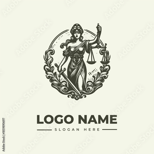A vector illustration of a lady justice logo with a sword and scales, surrounded by ornate leaves and vines on a beige background, with space for a logo name and slogan.