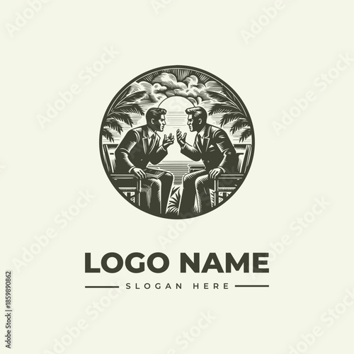 A monochromatic illustration of two businessmen sitting at a table in a circular logo design with a scenic background and placeholder text for logo name and slogan.