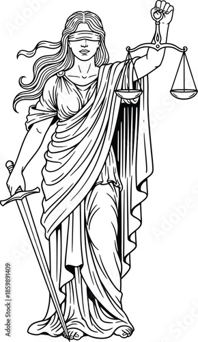 A black and white line art illustration of a blindfolded Lady Justice holding the scales of justice and a sword.