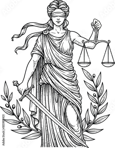 A black and white line art drawing of the blindfolded goddess Lady Justice holding her scales and sword.