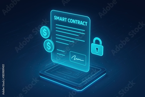 Digital Contracts: Envision a gleaming, futuristic smart contract, illuminated with glowing elements that depict security and value, representing the secure transaction of digital currency