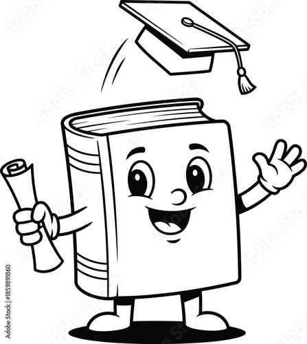 A cheerful cartoon book character with a smiling face holding a diploma and tossing a graduation cap in the air.