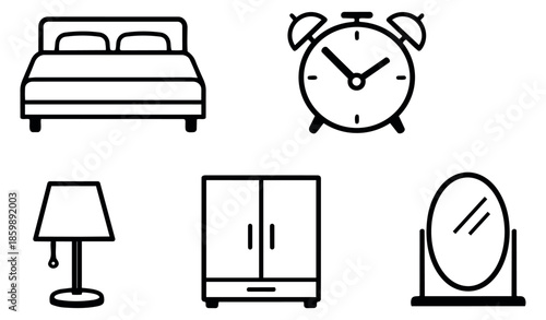 Line art home furniture set featuring a bed, alarm clock, table lamp, wardrobe, and mirror for everyday living