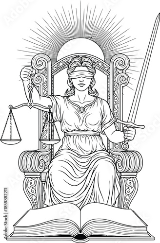 A detailed black and white line art illustration of Lady Justice enthroned with sword and scales.