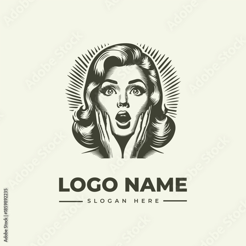 A grayscale illustration of a shocked woman with her hands on her cheeks, surrounded by radiating lines, against a plain background, with a logo name and slogan placeholder.