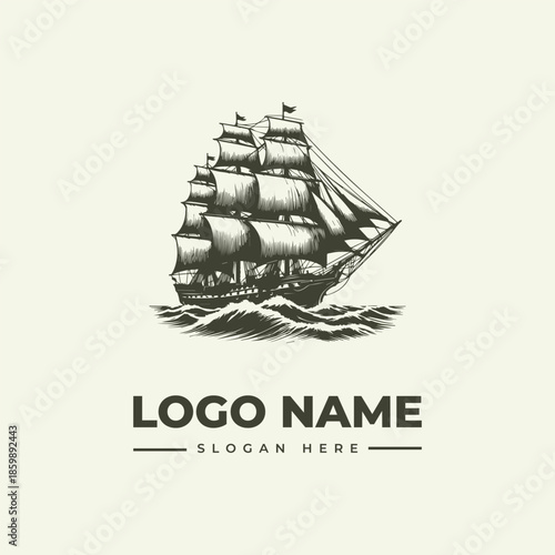 A vintage sailing ship illustration with multiple masts and sails on wavy waters, accompanied by a logo name and slogan on a beige background, in a classic vector style.