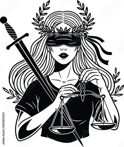 A striking black and white illustration of a blindfolded Lady Justice with a laurel wreath holding a sword and scales.