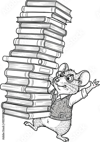 A studious cartoon mouse with glasses and a vest carrying a towering wobbly stack of books.