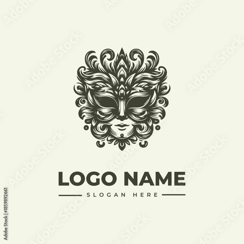 A vector illustration of a stylized mask logo with ornate designs and placeholder text on a beige background.