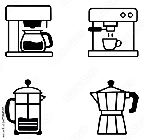 Line art coffee maker icons set featuring a drip coffee machine, espresso maker, french press, and moka pot for breakfast and caf�� themes