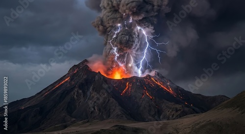 Volcanic Eruption with Lightning Inside Ash Cloud