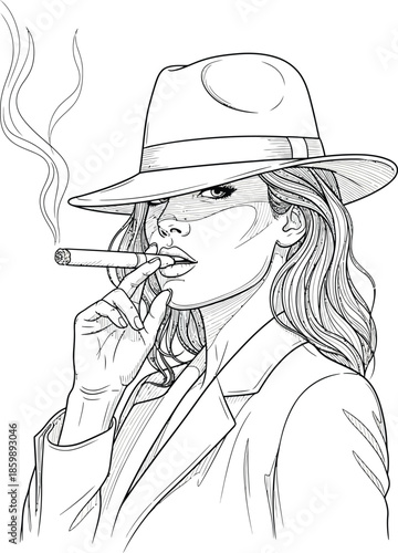 Black and white line art of a mysterious woman in a fedora hat smoking a cigarette.