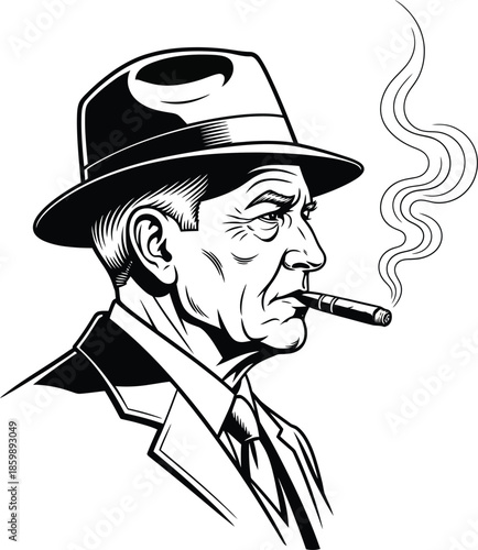 Black and white line art portrait of a serious older man in a fedora hat smoking a cigarette.
