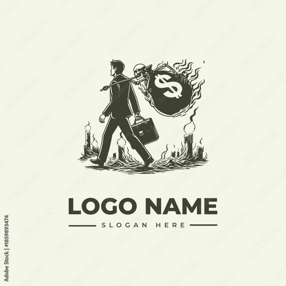 Naklejka premium A man in a business suit walks through flames holding a briefcase with a logo and illustration of a burning dollar sign beside him on a plain background.