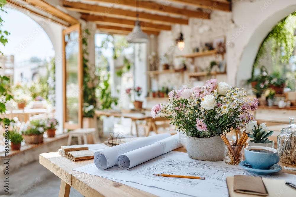 Fototapeta premium Cozy Workspace in a Bright, Serene Environment with Beautiful Flowers and Architectural Plans on the Table, Perfect for Creative Inspiration and Design Projects