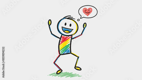 Joyful stick figure character with arms raised in celebration and a speech bubble containing a red heart, symbolizing love and happiness