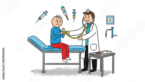 A hand-drawn illustration of a doctor examining a worried patient with a stethoscope, representing essential medical care and routine check-ups